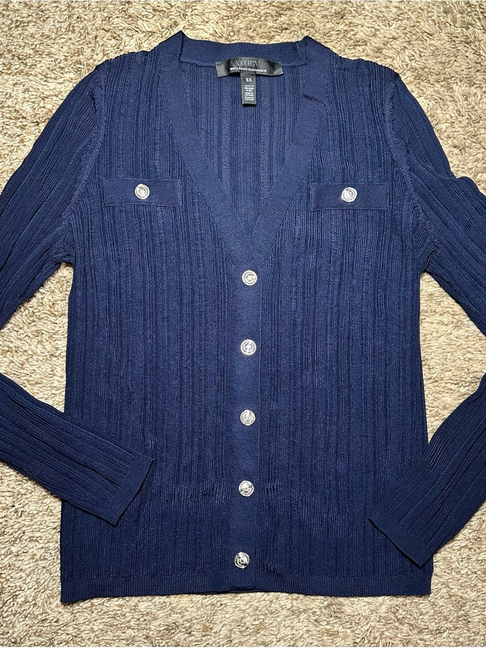White House Black Market Navy Ribbed Button-Front Cardigan